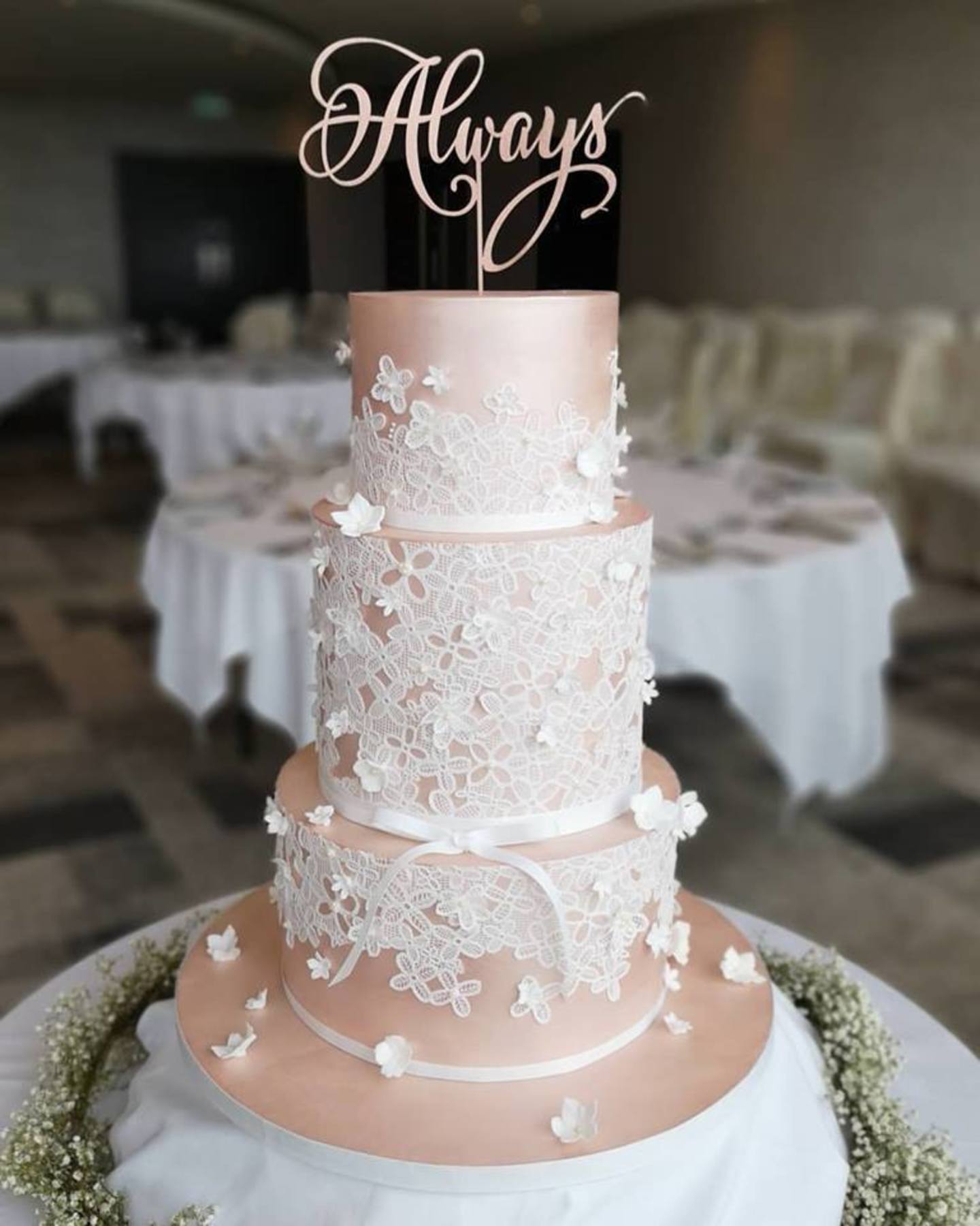 Pink lustre  cake lace  white blossoms