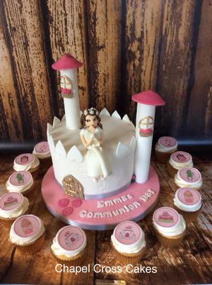 Girly Communion Castle Cake with Princess Cupcakes 8" Round Cookies & Cream with Vanilla Cupcakes