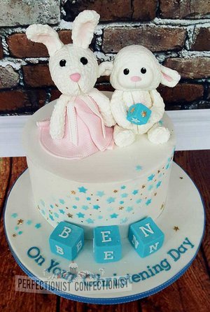 Christening cake  naming day cake  kinsealy  swords  malahide  cake toppers  bunny  rabbit  lamby  lamb  stars  blue  white  gold  blocks  chocolate %282%29