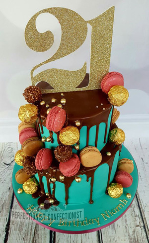 Niamh - 21st Birthday Cake in teal and chocolate with macaron.  Prices start at €150