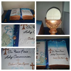 Edible bible cake with handpainted detail, sugar chalice, minature bible and rosary beads