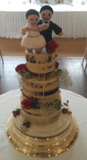 Naked Drip Wedding cake with flowers & handmade crochet topper by the bride