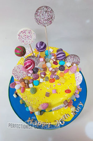 Drip cake  drip birthday cake  sweets  candy  chocolate biscuit cake  yellow  blue  novelty  30th  birthday  cake  dublin  swords  malahide %284%29