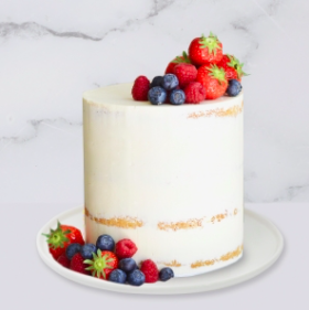The Semi-Naked & Fresh Berries Cake is a buttercream iced cake. The cake is 6″ deep. The berries are edible but may vary due to seasonality and availability.