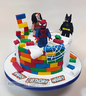 Lego  birthday  cake  wonderwoman  superheroes  figures  batman  spiderman  chocolate fudge cake  dublin  malahide  swords  novelty  celebration  handmade %286%29