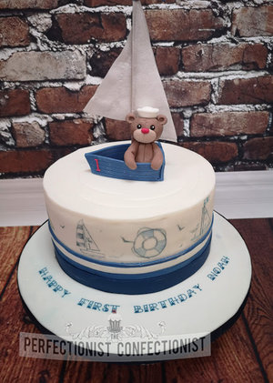 First  birthday  cake  1st  naming day  christening day  cake maker  dublin  swords  malahide  kinsealy  drynam  sailboat  teddy  sailing   %281%29