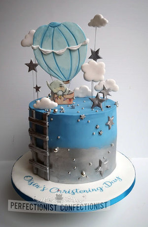 Christening  naming day  cake  celebration  novelty  elephant  hot air balloon  clouds  stars  silver  blue  swords  malahide  kinsealy  dublin  cake maker  %287%29