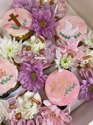 floral decorated cupcakes with gourmet sprinkles and handmade calligraphed toppers
