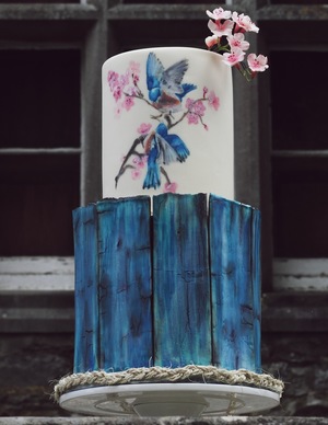 Hand painted Love Birds & Blossom Wedding Cake. Photograph by Portraits By Patrick