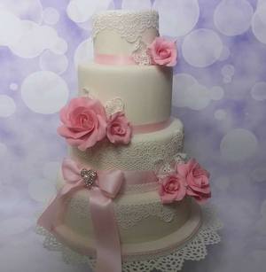 Pink Roses and Lace Wedding Cake